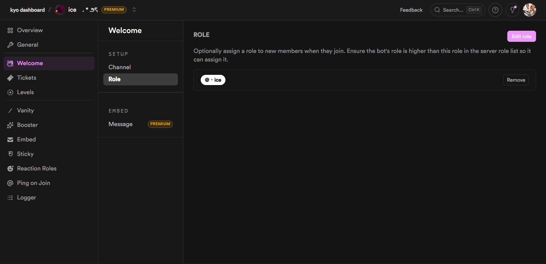 Welcome role configuration in the kyo dashboard